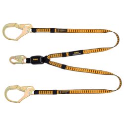 DEWALT DXFP611130 eslinga de dos piernas de 6 ft.(1.8 m) con absorbedor externo, gancho de seguridad en el extremo del anillo en D y ganchos de acero para barra de refuerzo en el e